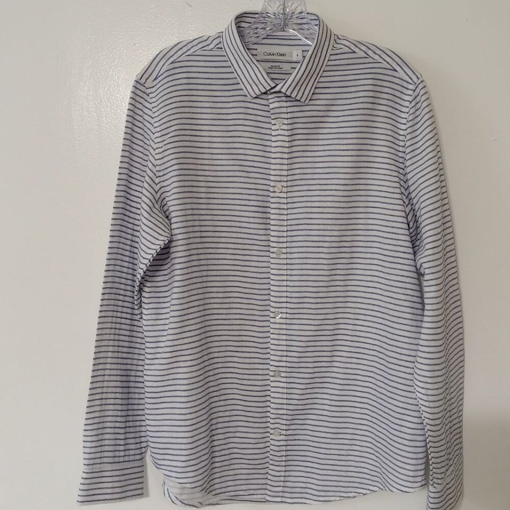 Calvin Klein Men’s White & Blue Striped Cotton Shirt, Classic Fit, Size L